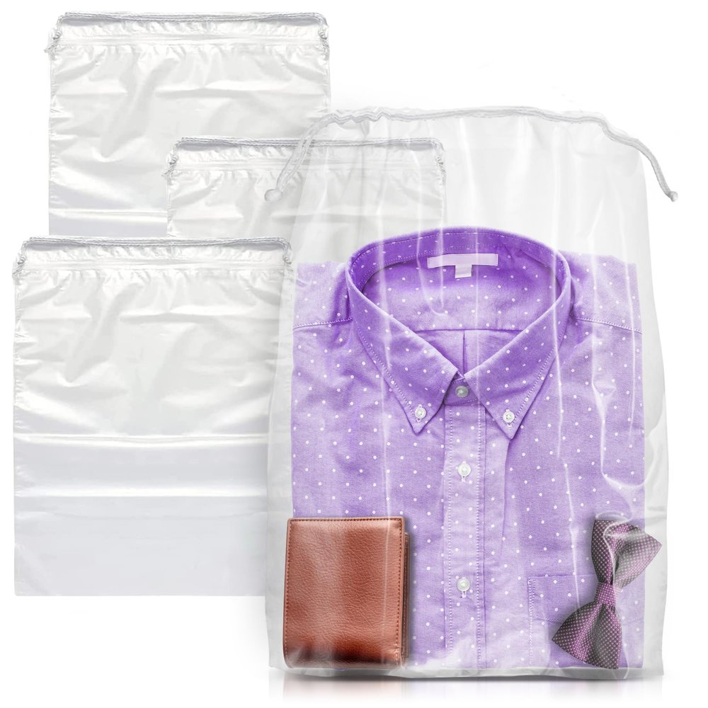 APQ Supply Clear Drawstring Bag, 10 x 14 Inches. Pack of 50 Clear Plastic Drawstring Bags. 2 Mil PE Travel Bags for Shoes, Cosmetics, Toiletries. Waterproof Transparent Draw String Bag