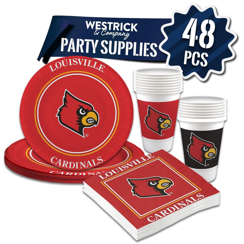 Louisville Cardinals Party Supplies 48 Pieces Officially Licensed University Set: 16 oz. Plastic Beverage Cups, 9" Paper Plates, Luncheon Napkins, Complete Party Supplies 16 Guests by Westrick