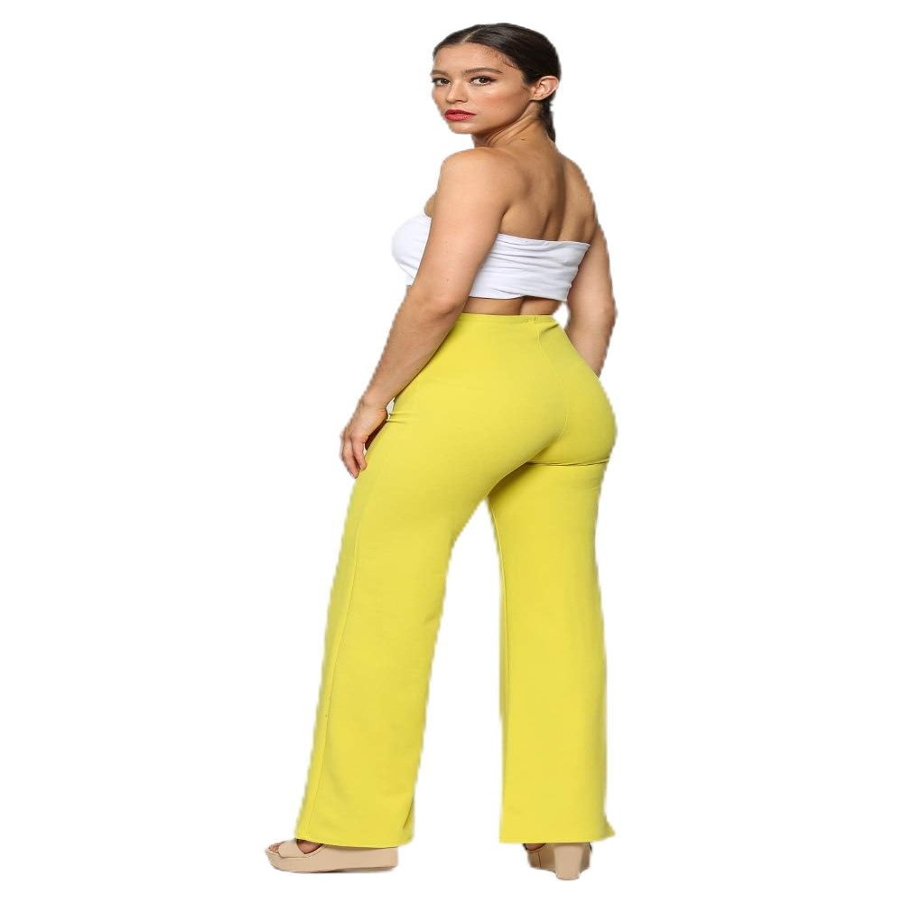 Cemi Ceri Womens High Waist Wide Leg Dress Pants Elegant Flared Business Slacks for Office & Casual Wear, Comfortable Work Trousers, Lemon Lime, 2X