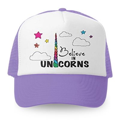 Grom Squad Kids Trucker Hat - Mesh Adjustable Baseball Cap for Boys & Girls - Baby, Infant, Toddler, School-Age Sizes (5-10yrs (Super), Believe in Uni, Lavender/White)