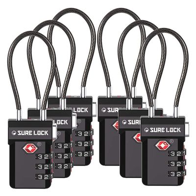 SURE LOCK TSA Approved Cable Luggage Lock TSA Locks for Luggage with Visual Inspection Indicator, Resettable 3-Digit Combination, Zinc Alloy Body for Suitcases, Backpacks, Gym Lockers(Black 6 Pack)