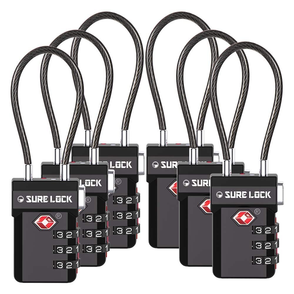 SURE LOCK TSA Approved Cable Luggage Lock TSA Locks for Luggage with Visual Inspection Indicator, Resettable 3-Digit Combination, Zinc Alloy Body for Suitcases, Backpacks, Gym Lockers(Black 6 Pack)