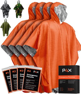 PREPARED4X Emergency Poncho and Mylar Blanket Liner - Heavey Duty, Waterproof, Wind-Resistant Green Outdoor Rain Poncho for Camping and Car Emergencies - 4 Pack (Orange)