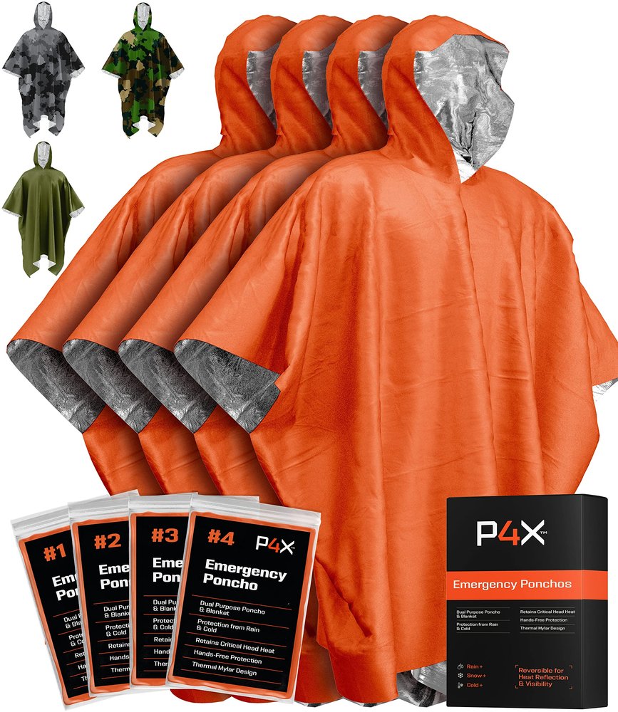PREPARED4X Emergency Poncho and Mylar Blanket Liner - Heavey Duty, Waterproof, Wind-Resistant Green Outdoor Rain Poncho for Camping and Car Emergencies - 4 Pack (Orange)