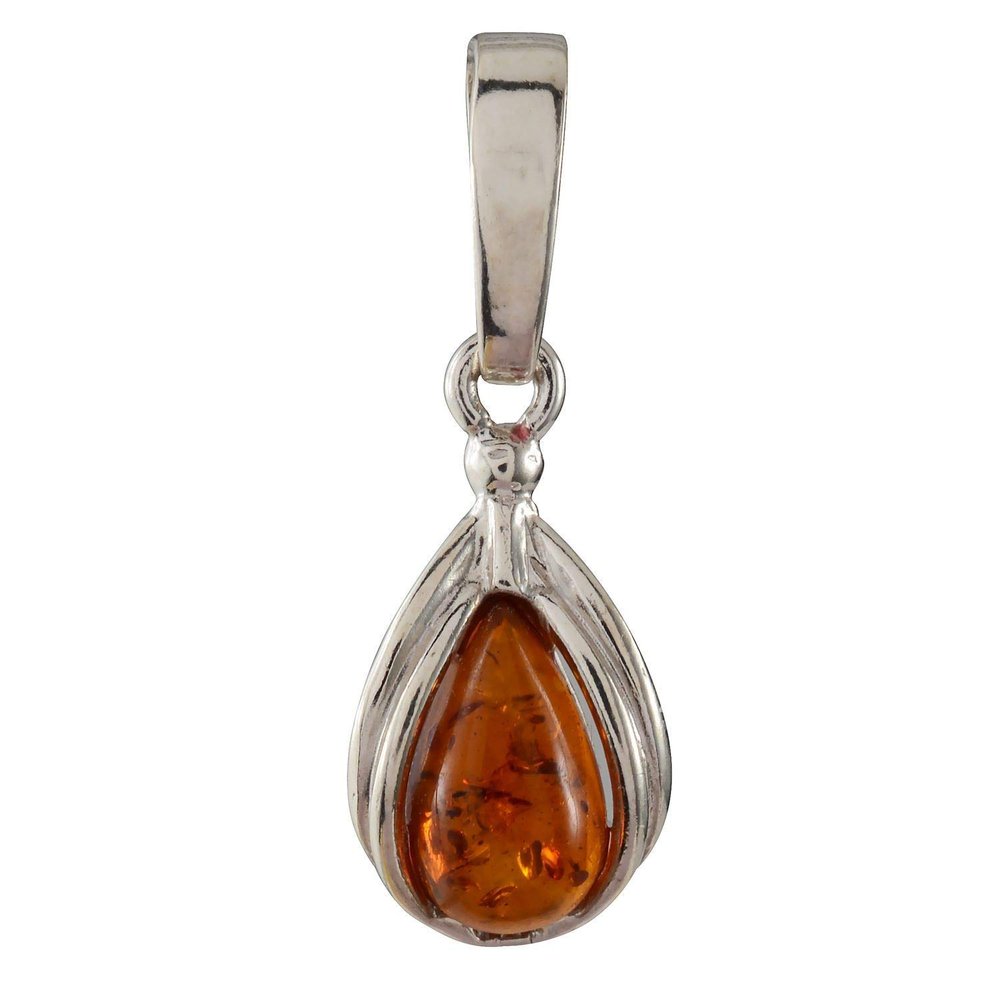 Amber Jewelry for Women - Sterling Silver Baltic Honey Amber Pear-Shaped Pendant Necklace, Includes 18 Inch 925 Sterling Silver Chain, Made in Poland