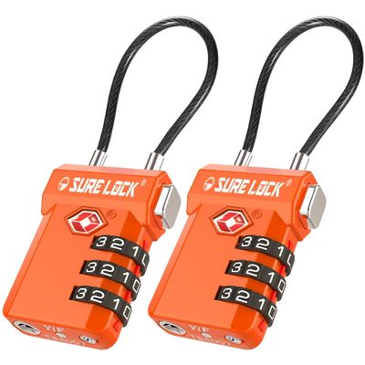 SURE LOCK TSA Approved Cable Luggage Lock TSA Locks for Luggage with Visual Inspection Indicator, Resettable 3-Digit Combination, Zinc Alloy Body for Suitcases, Backpacks, Gym Lockers(Orange 2 Pack)