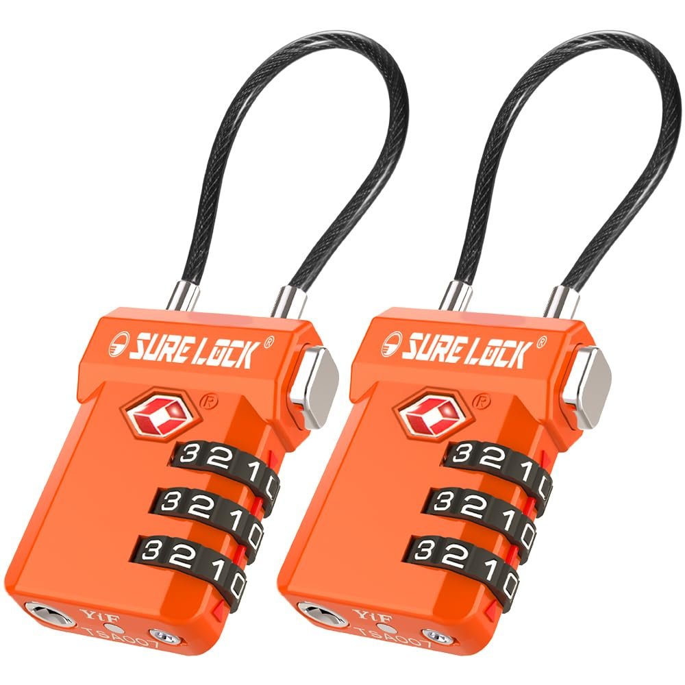 SURE LOCK TSA Approved Cable Luggage Lock TSA Locks for Luggage with Visual Inspection Indicator, Resettable 3-Digit Combination, Zinc Alloy Body for Suitcases, Backpacks, Gym Lockers(Orange 2 Pack)