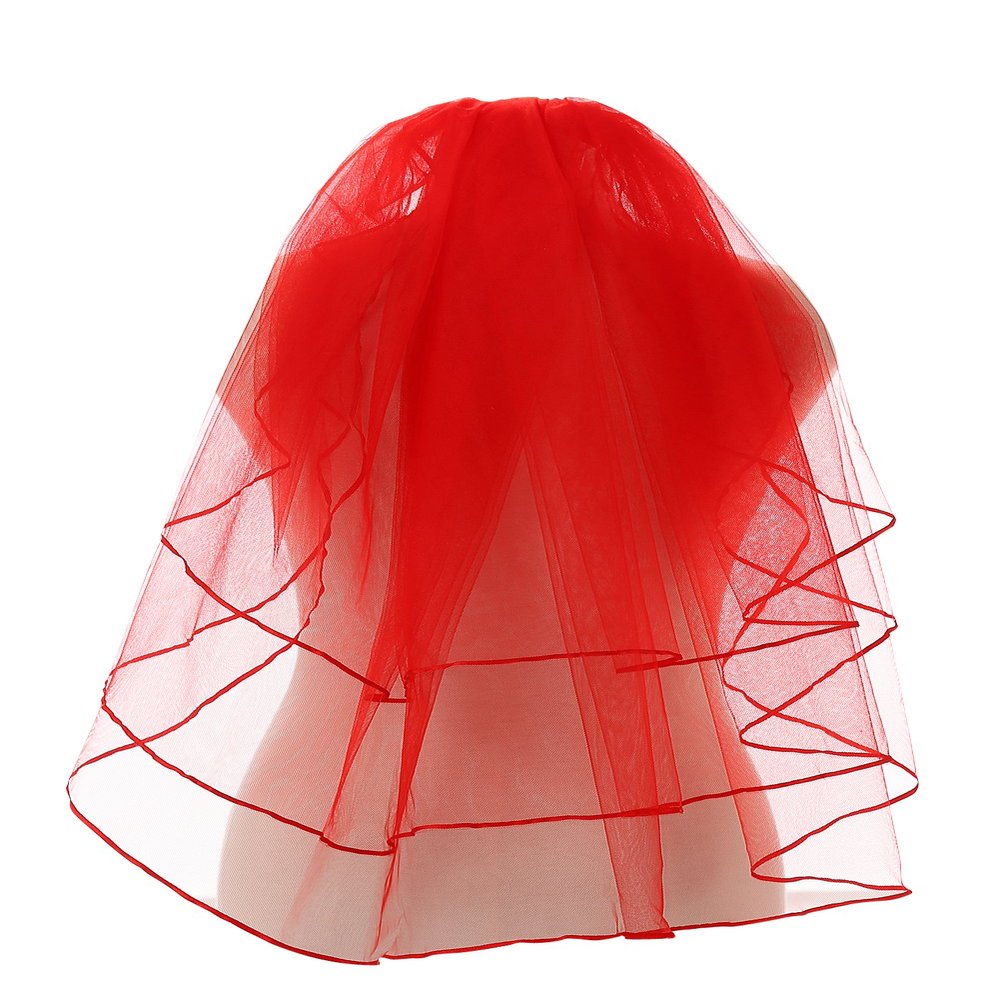 Cibelle Women's Short 3 Tiers Ribbon Edge Short Wedding Bridal Veil With Comb Red