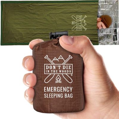 Dont Die in The Woods - Emergency Sleeping Bag with Hood - Made with Extra Thick Thermal Mylar - 10 Essentials Hiking Camping Blanket, Survival Gear Tactical Car Disaster First Aid Kits (Green)