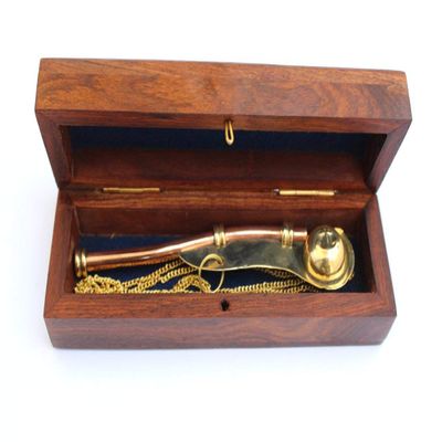 Nautical Solid Brass & Copper Boatswain 5" Whistle Chain with Rosewood Box a