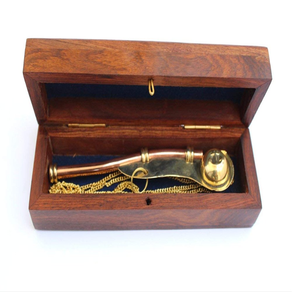 Nautical Solid Brass & Copper Boatswain 5" Whistle Chain with Rosewood Box a