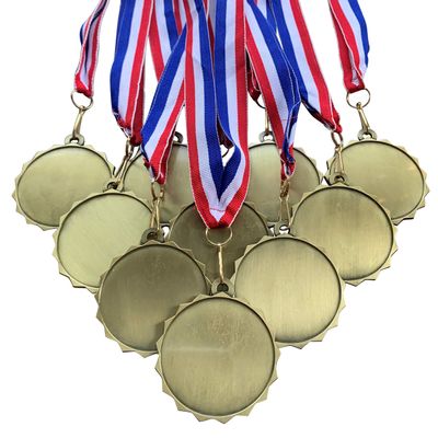 10 Pack of 2-1/4 inch Diameter Die-Cast Metal Antique Gold Blank Insert Medals and Red White and Blue Neck Ribbons.