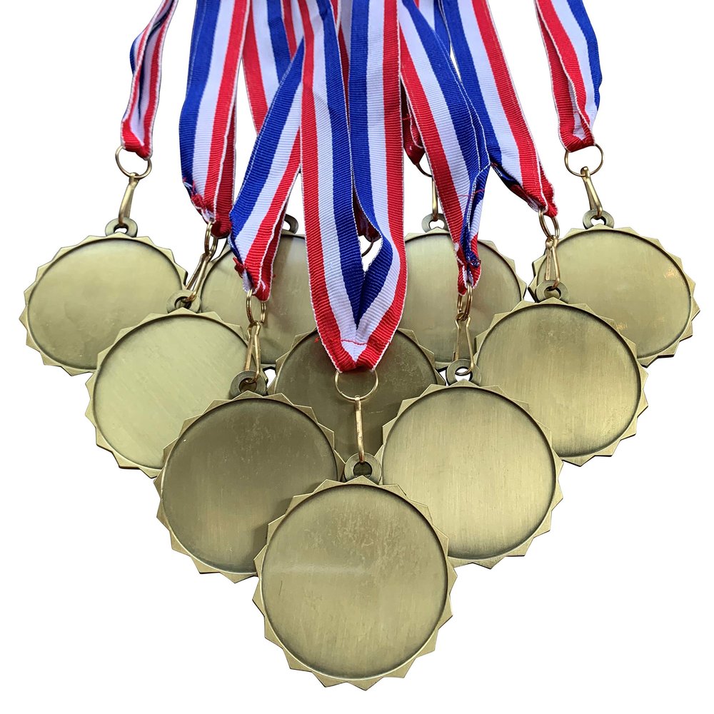 10 Pack of 2-1/4 inch Diameter Die-Cast Metal Antique Gold Blank Insert Medals and Red White and Blue Neck Ribbons.