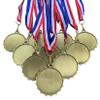 10 Pack of 2-1/4 inch Diameter Die-Cast Metal Antique Gold Blank Insert Medals and Red White and Blue Neck Ribbons. view 1