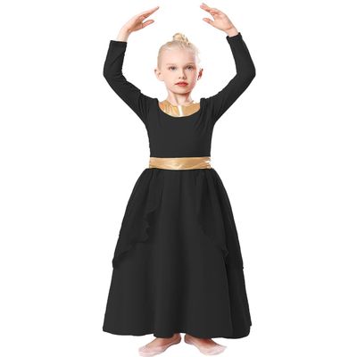 MYRISAM Girls Praise Dance Robe Liturgical Worship Metallic Waistband Long Sleeve Dress Chiffon Skirt Lyrical Costume Black 14-15T