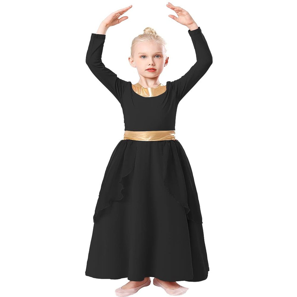 MYRISAM Girls Praise Dance Robe Liturgical Worship Metallic Waistband Long Sleeve Dress Chiffon Skirt Lyrical Costume Black 14-15T