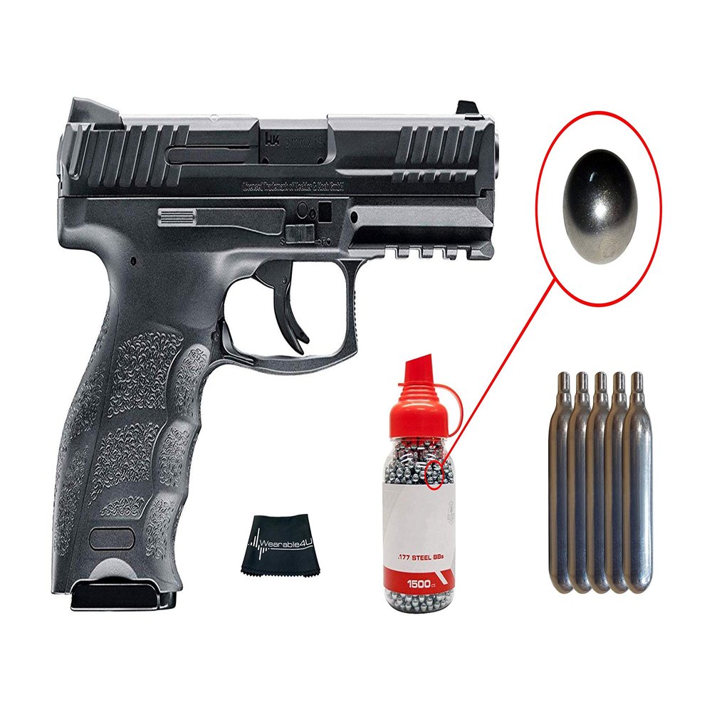 Umarex Heckler and Koch VP9 .177 Caliber CO2 Steel BB Blowback Pistol with Included CO2 12 Gram (5 Pack) and Pack of 1500 Precision Steel BBS and Wearable4u Cloth