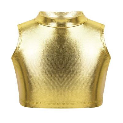 Agoky Little/Big Girls Shiny Metallic Camisole Tank Tops Sports Dance Tee Shirts for Gymnastic Dance Competition Party Gold 9-10