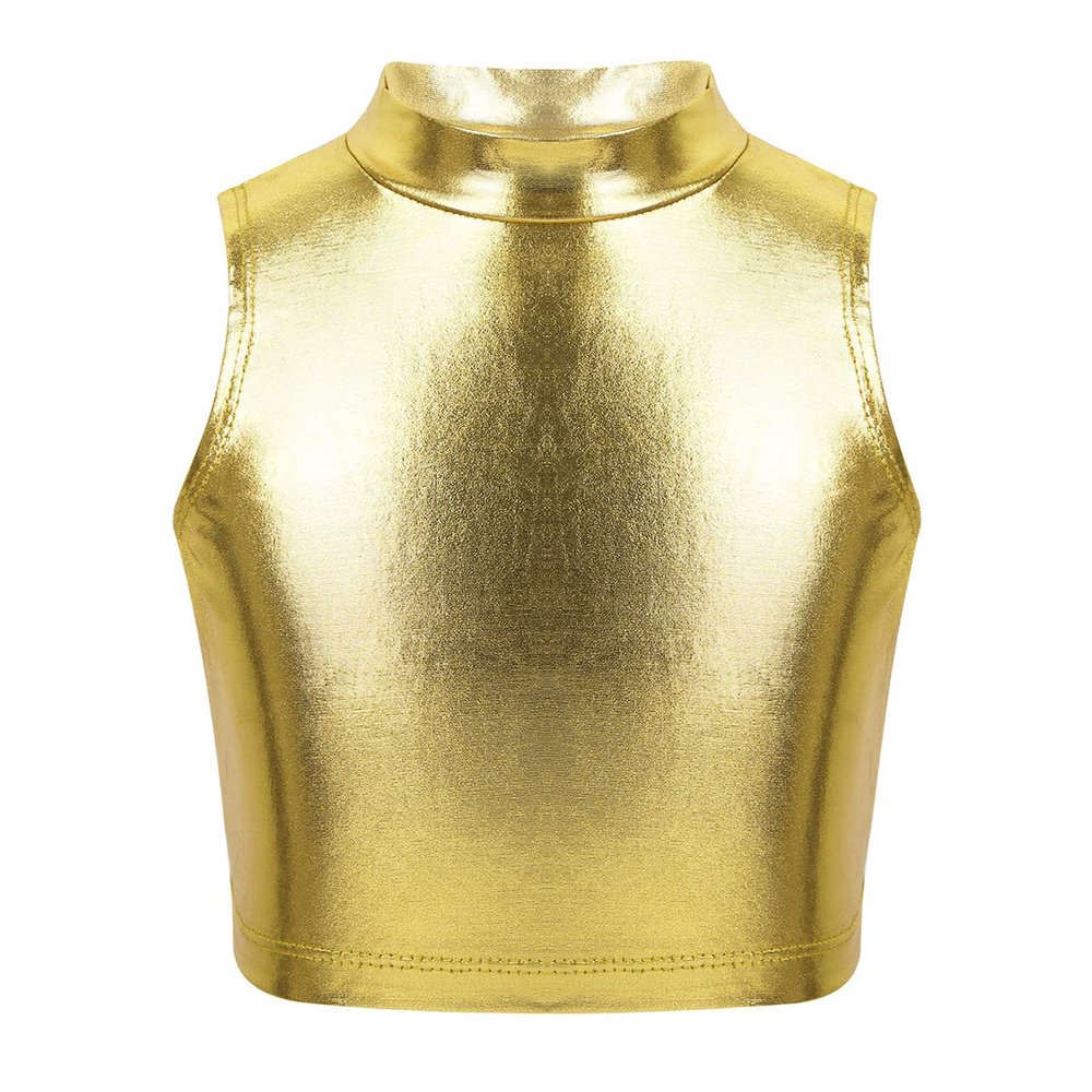 FEESHOW Big Girls Sleeveless Metallic Tank Top Turtle Mock-Neck Crop Tops Tee Shirt for Sports Dance wear Gold 10