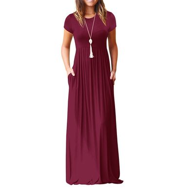 Clopon Women's Long Maxi Dresses, Short Sleeve Dress with Pockets for Ladies Solid Round Neck Party Dress (XXL, Wine Red)