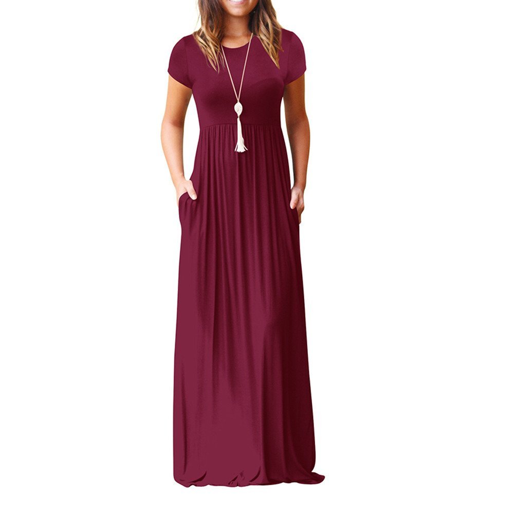 Clopon Women's Long Maxi Dresses, Short Sleeve Dress with Pockets for Ladies Solid Round Neck Party Dress (XXL, Wine Red)
