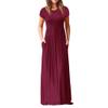 Clopon Women's Long Maxi Dresses, Short Sleeve Dress with Pockets for Ladies Solid Round Neck Party Dress (S, Wine Red) view 3