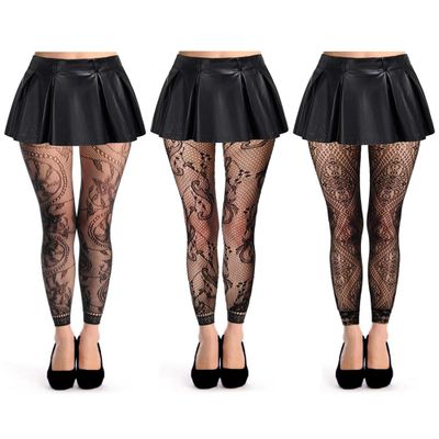Abberrki Women High Waist Fishnet Footless Leggings Flower Pattern Footless Tights (3 Pairs # 1)