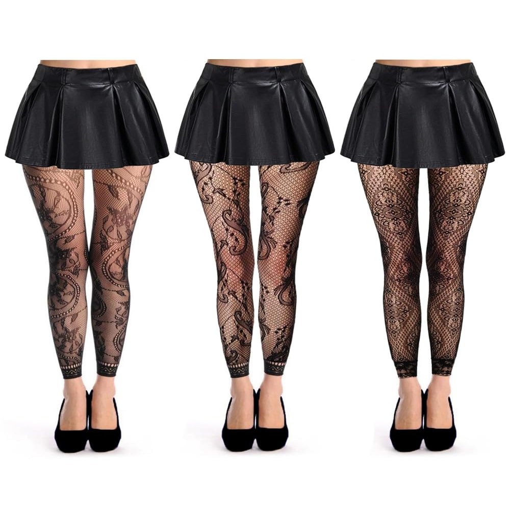 Abberrki Women High Waist Fishnet Footless Leggings Flower Pattern Footless Tights (3 Pairs # 1)