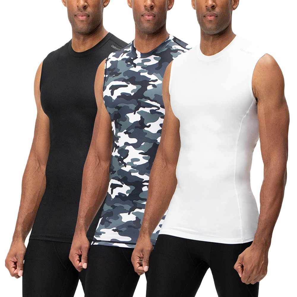 DEVOPS 3 Pack Men's Athletic Compression Shirts Sleeveless (Large, Black/Camo Grey/White)