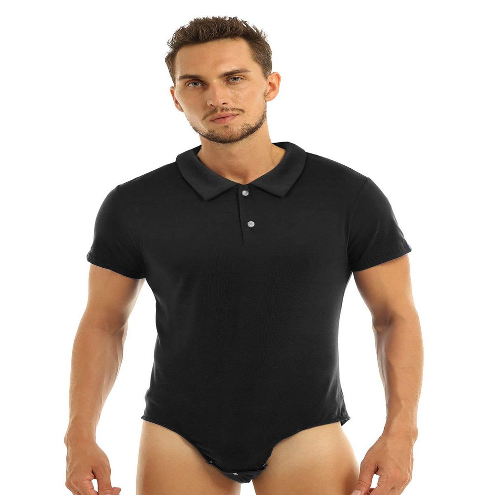 Alvivi Men's Short Sleeve Turn Down Collar T-Shirt Press Button Crotch Bodysuit Leotard Undershirt Black X-Large