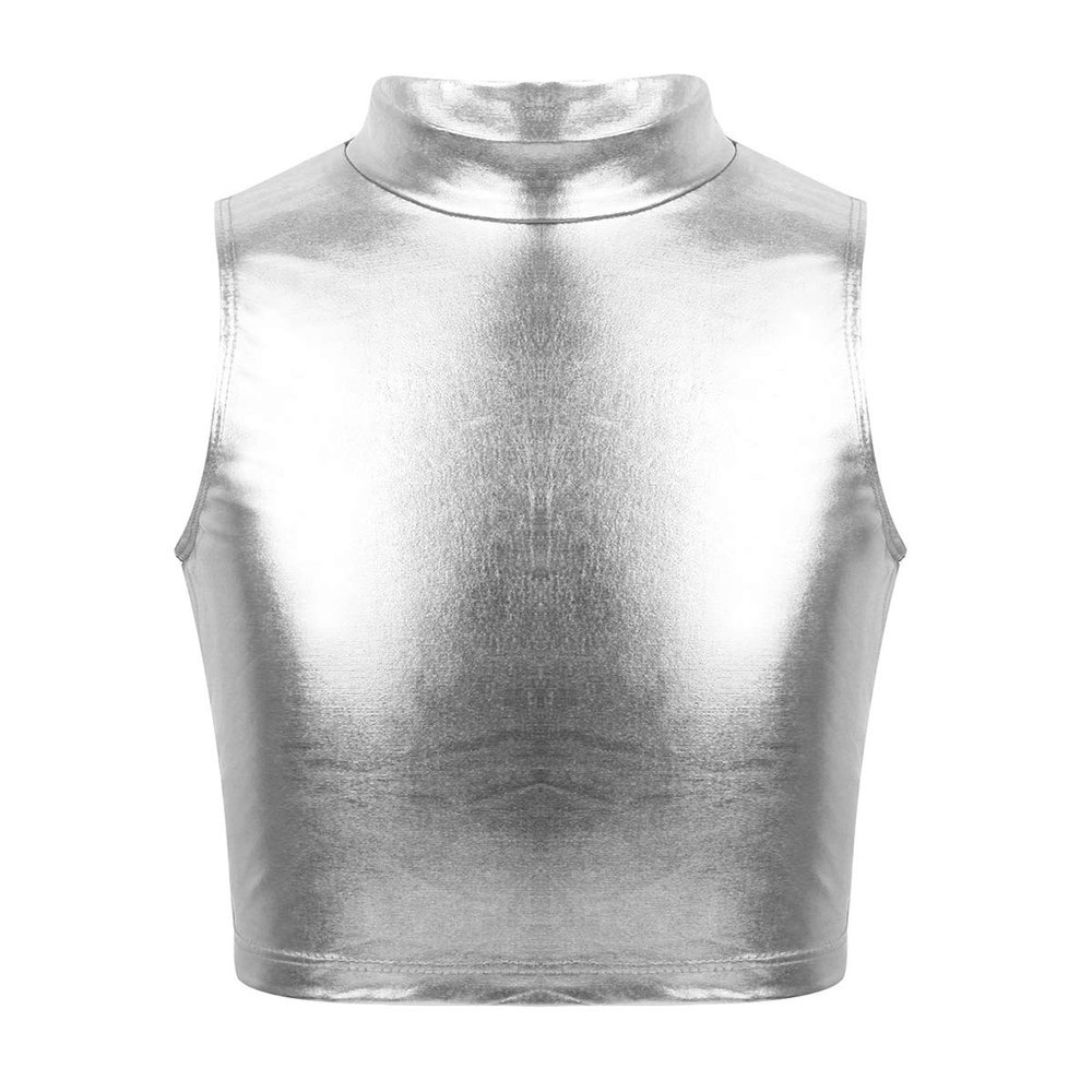 FEESHOW Big Girls Sleeveless Metallic Tank Top Turtle Mock-Neck Crop Tops Tee Shirt for Sports Dance wear Silver 12