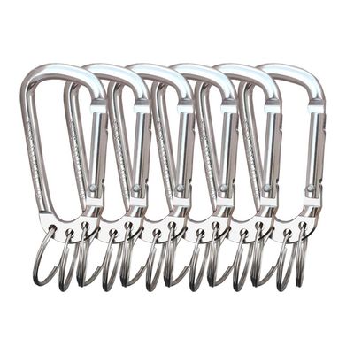 Carabiner Clip Keychain Aluminum Alloy D Shape Multifunction Clip Hook with 3 Key Rings for Outdoor Backpack Silver 6 Pack