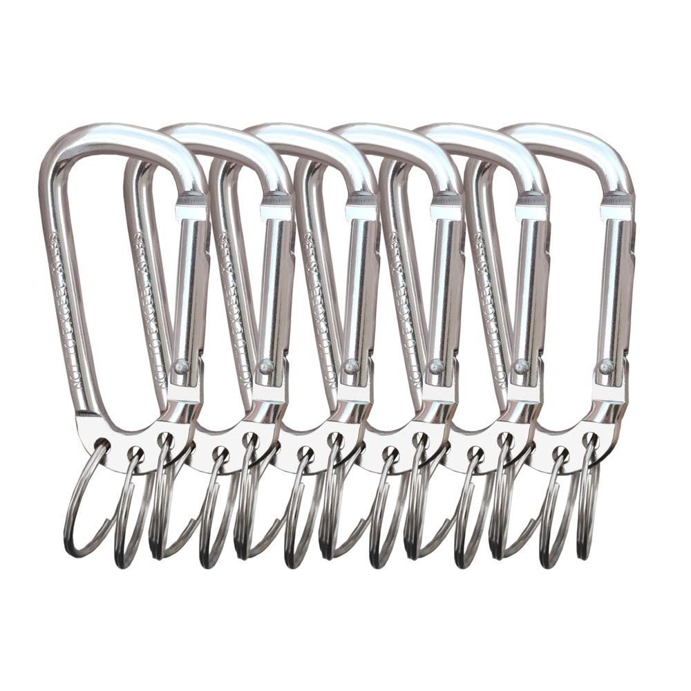 Carabiner Clip Keychain Aluminum Alloy D Shape Multifunction Clip Hook with 3 Key Rings for Outdoor Backpack Silver 6 Pack