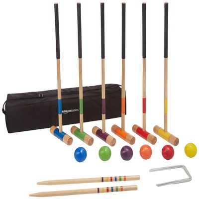 Amazon Basics Croquet Set, Six Player, Black (hardwood mallets, polymer balls, wickets,hardwood stakes)