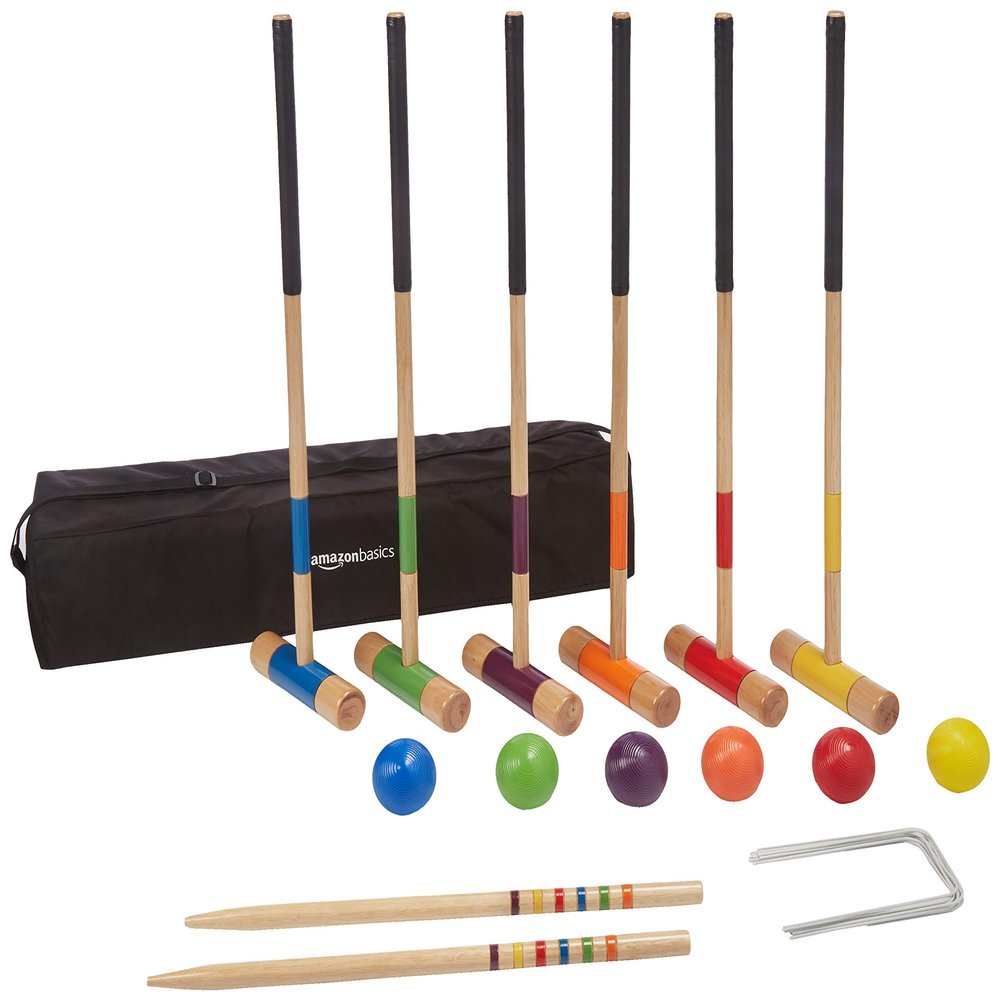 Amazon Basics Croquet Set, Six Player, Black (hardwood mallets, polymer balls, wickets,hardwood stakes)