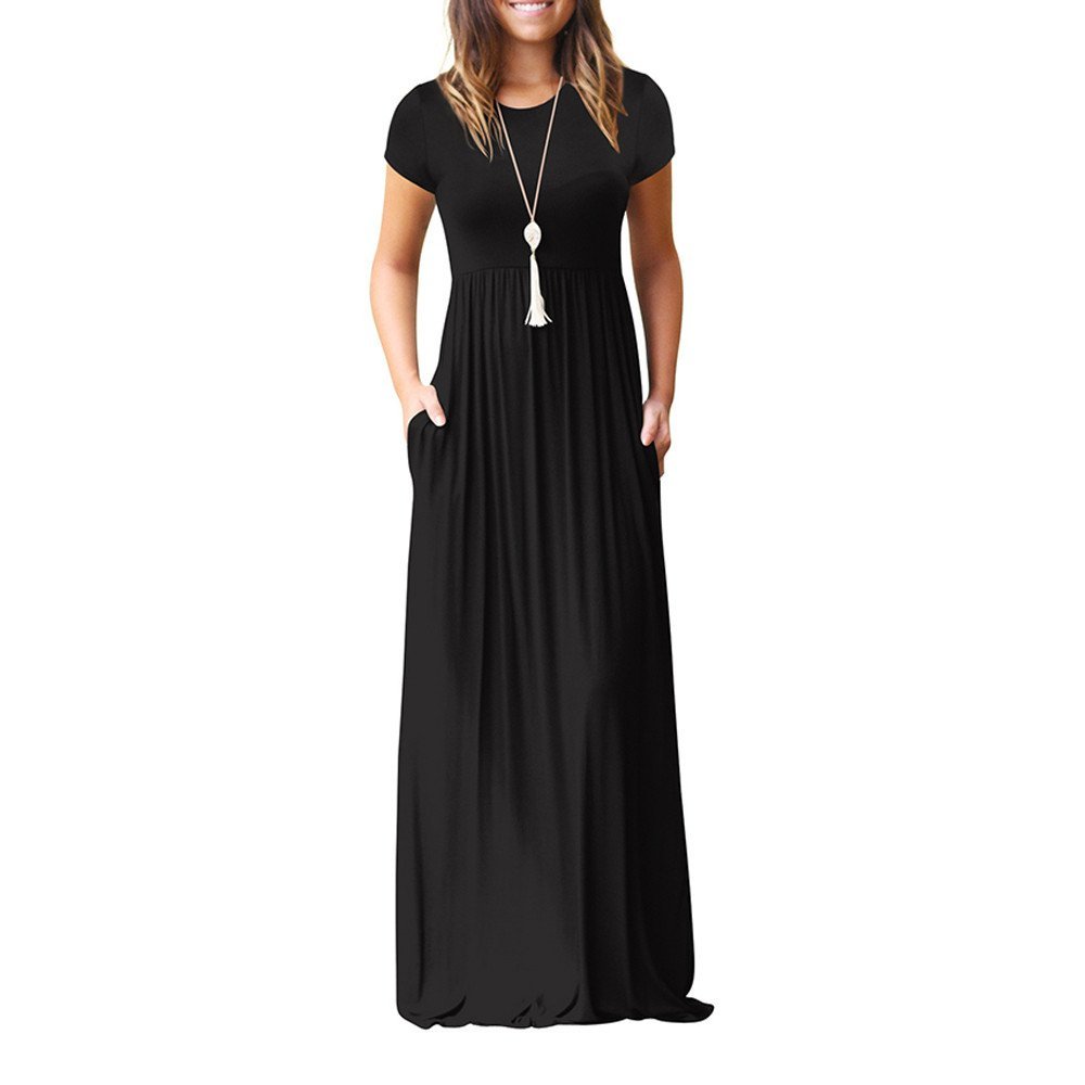 Clopon Women's Long Maxi Dresses, Short Sleeve Dress with Pockets for Ladies Solid Round Neck Party Dress (S, Black)