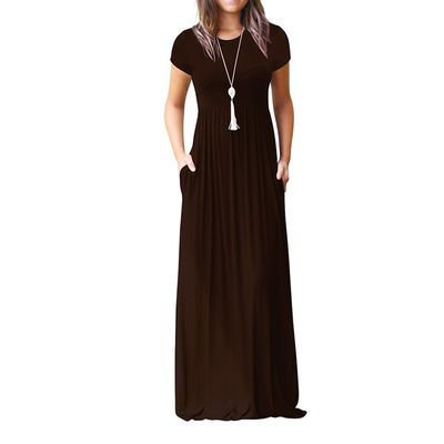 Clopon Women's Long Maxi Dresses, Short Sleeve Dress with Pockets for Ladies Solid Round Neck Party Dress (L, Coffee)