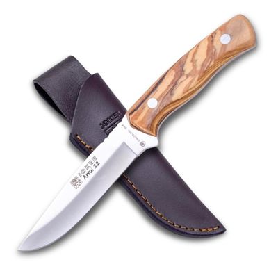 Joker Arrui Outdoor Knife - Full Tang Fixed Blade for Bushcraft and Hunting - 420 Stainless Steel & Olive Wood Handle - Includes Leather Sheath - Made in Spain (4.7")