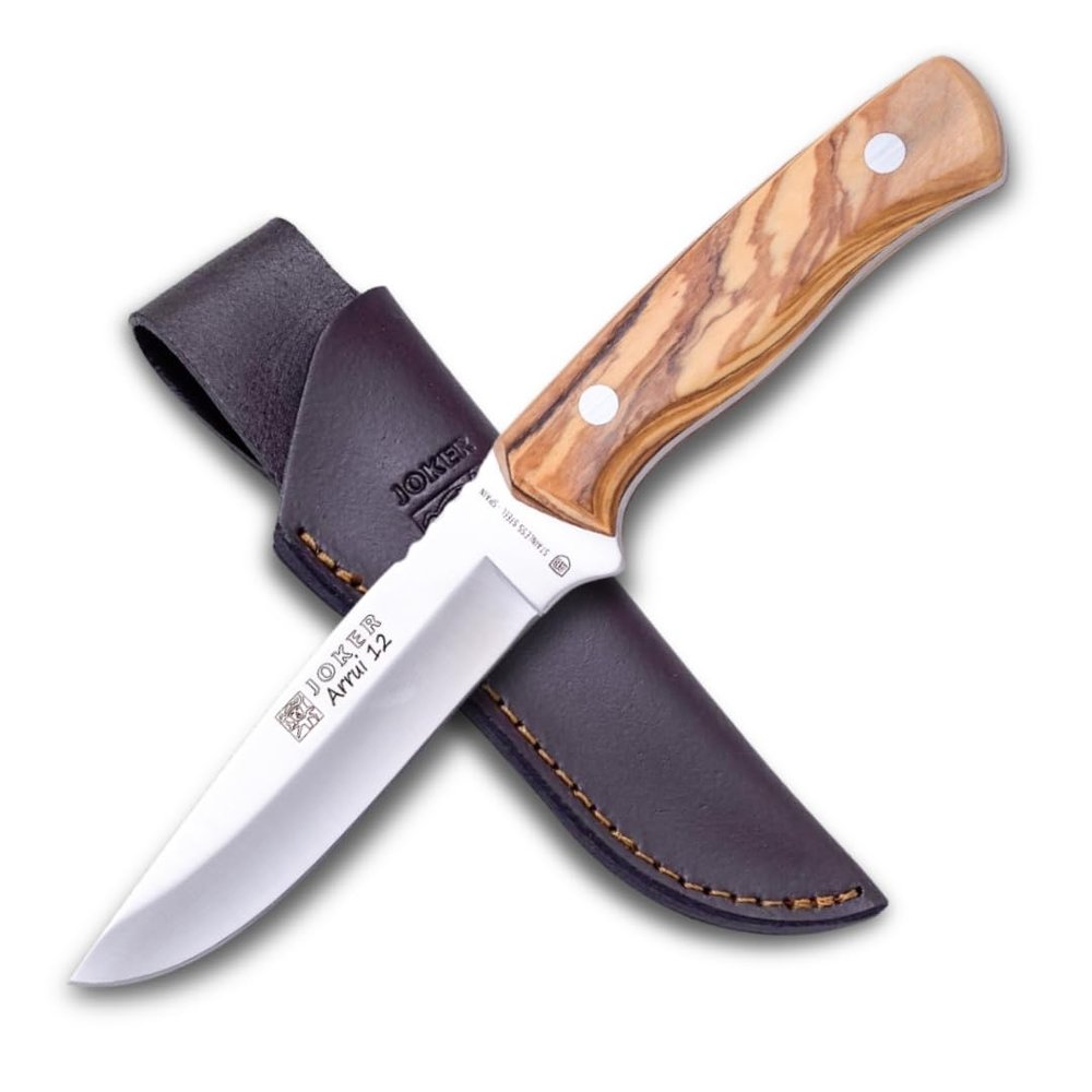 Joker Arrui Outdoor Knife - Full Tang Fixed Blade for Bushcraft and Hunting - 420 Stainless Steel & Olive Wood Handle - Includes Leather Sheath - Made in Spain (4.7")