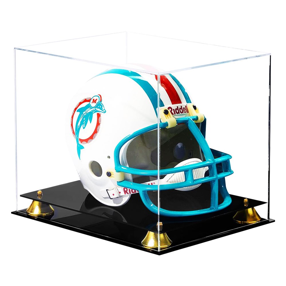PENNZONI Football Helmet Display Case Full Size | Crystal Clear Acrylic Display Case | Dual Layered Black Base Helmet Case with Gold Risers | Counter Helmet Display | No Assembly Required