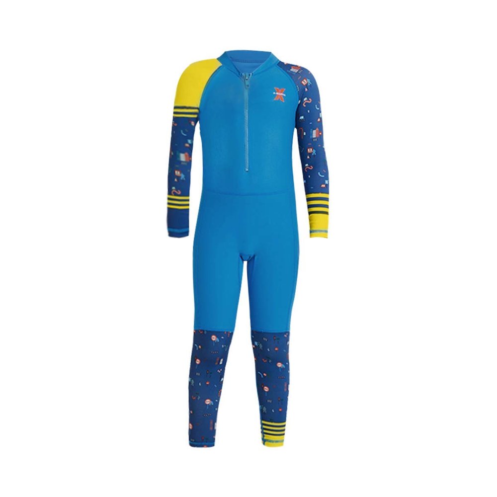 Boys Color Block One Piece Swimsuit Kids Long Sleeve Rash Guard Sunsuit Zipper Swimwear Diving Wetsuit Mock Neck Full Jumpsuit Surfing Beachwear Bathing Suit with UPF 50+ Sun Protection Blue 7-8T