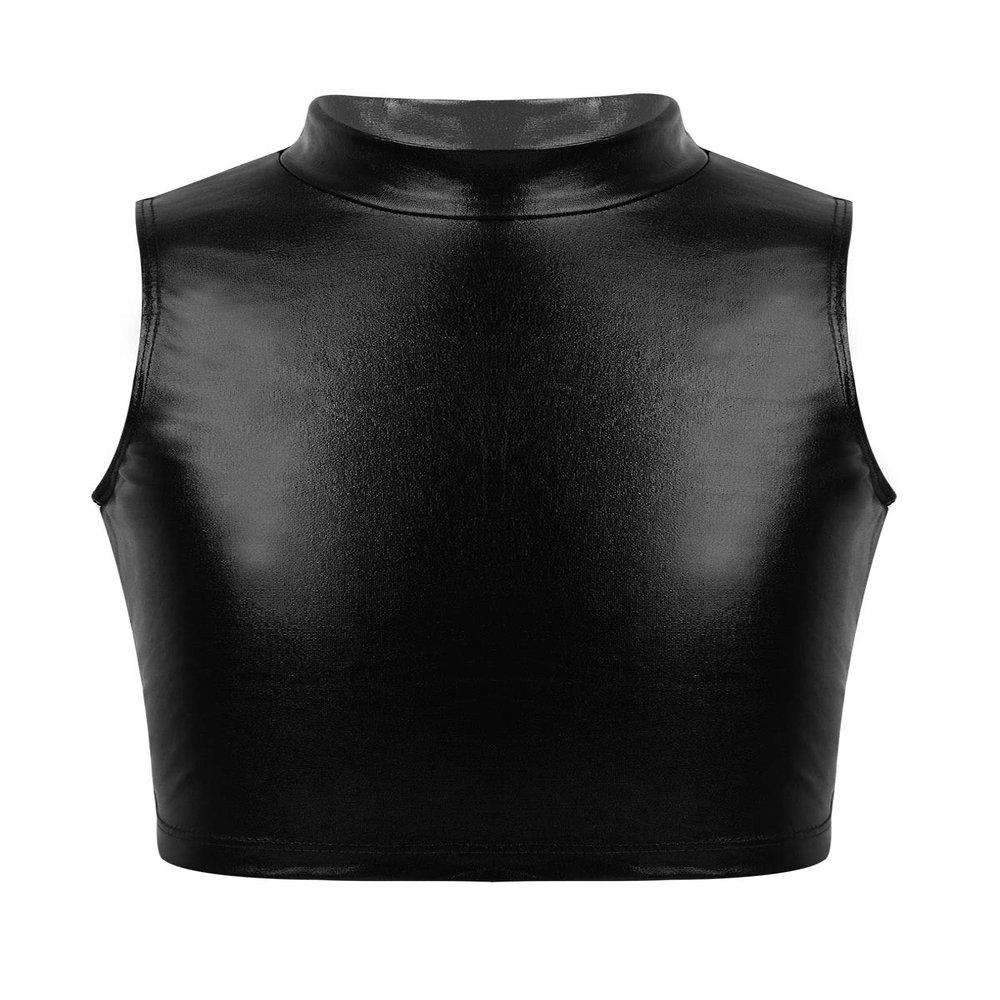 Agoky Little/Big Girls Shiny Metallic Camisole Tank Tops Sports Dance Tee Shirts for Gymnastic Dance Competition Party Black 7-8