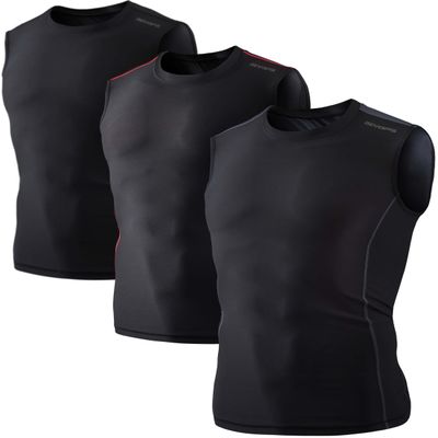DEVOPS 3 Pack Men's Athletic Compression Mesh Sleeveless Shirts (Small, Black/Black/Black)