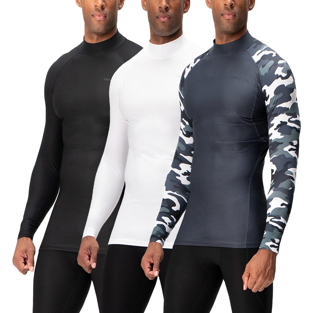 DEVOPS 3 Pack Men's Athletic Turtle Neck Long Sleeve Compression Shirts (X-Large, Black/Camo Charcoal/White)
