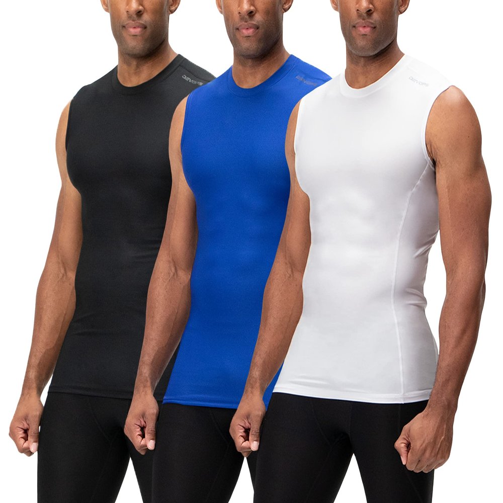 DEVOPS 3 Pack Men's Athletic Compression Mesh Sleeveless Shirts (Small, Black/Blue/White)