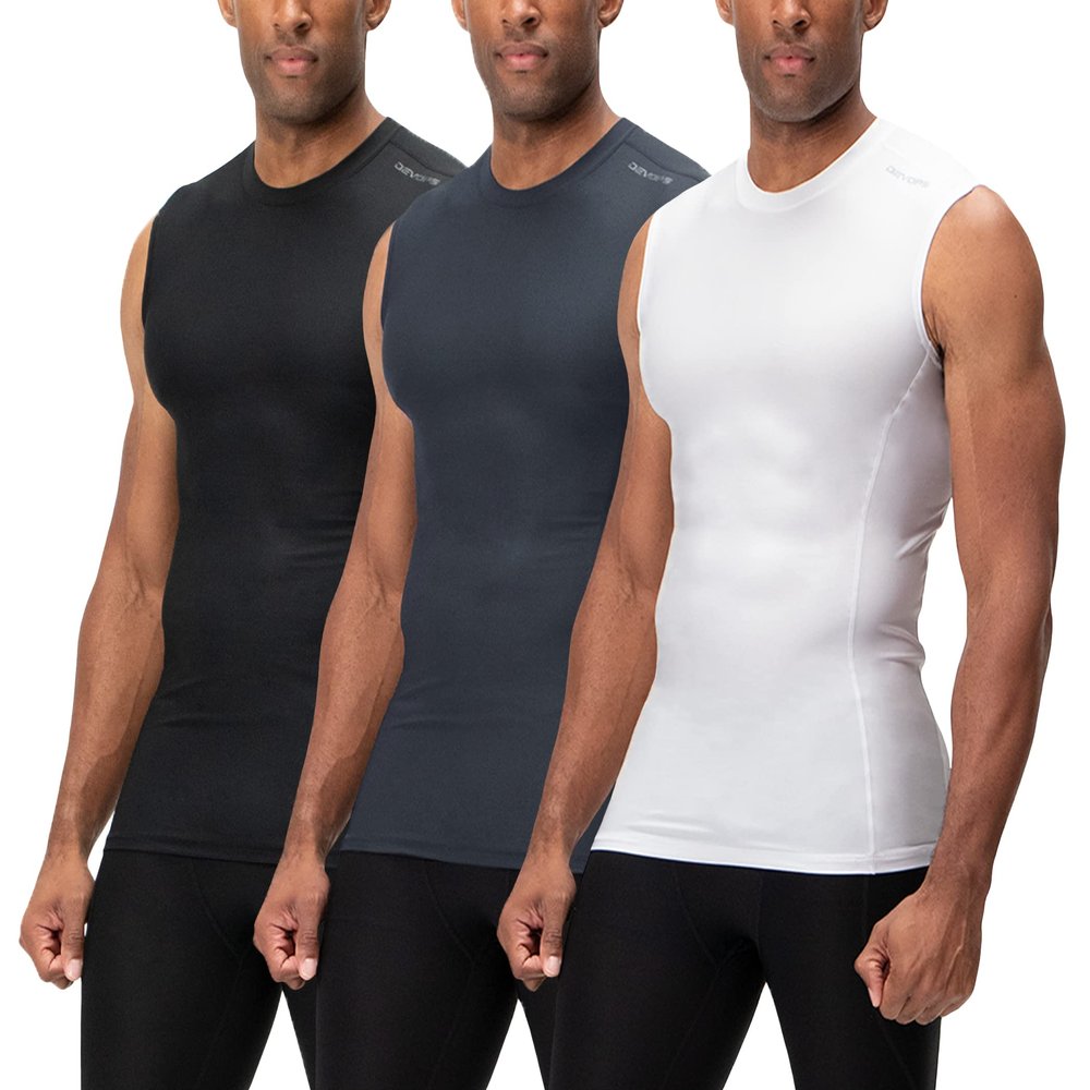 DEVOPS 3 Pack Men's Athletic Compression Mesh Sleeveless Shirts (2X-Large, Blalck/Charcoal/White)
