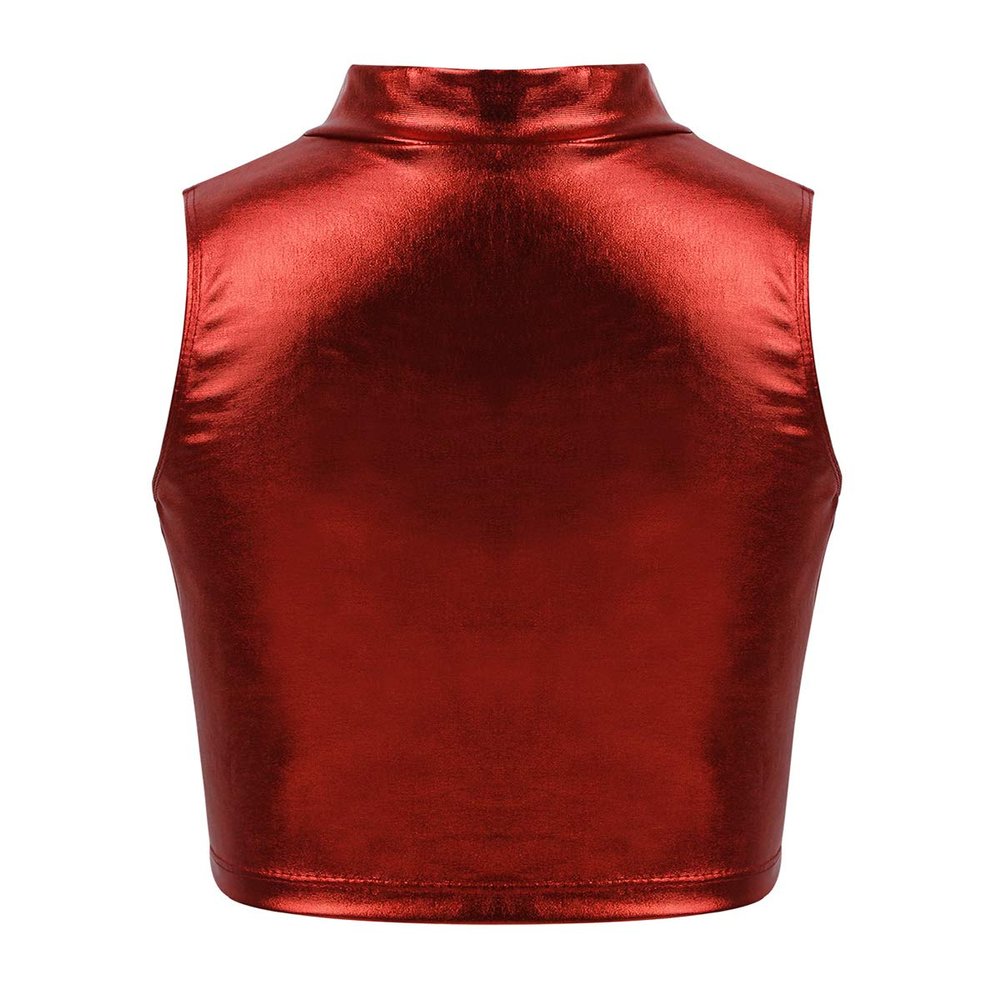 FEESHOW Big Girls Sleeveless Metallic Tank Top Turtle Mock-Neck Crop Tops Tee Shirt for Sports Dance wear Red 14