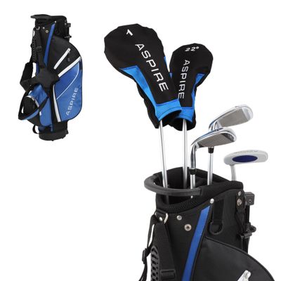 Aspire Junior Plus Kids Golf Clubs Boys & Girls Right-Handed Golf Set with Lightweight Stand Bag, Graphite Shafts & Aircraft-Grade Aluminum Clubs - Blue Ages 9-10
