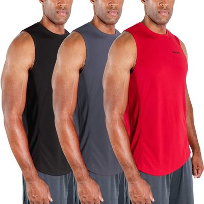 DEVOPS 3 Pack Sleeveless Men's Muscle Shirts Dry Fit Tank Top (Small, Black/Charcoal/Red)