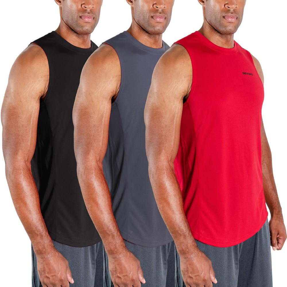 DEVOPS 3 Pack Sleeveless Men's Muscle Shirts Dry Fit Tank Top (Small, Black/Charcoal/Red)